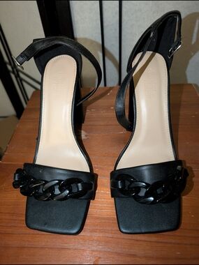 Charlotte Russe Black Chain-Trim Square Toe Ankle Strap Heels